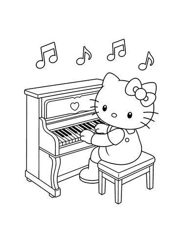 Hello Kitty seated at an upright piano with music notes coloring page