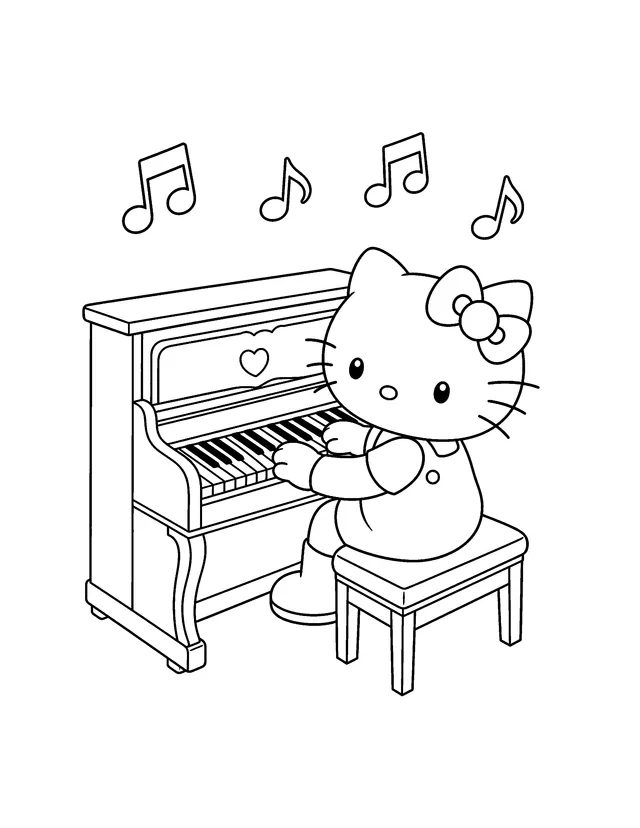 Hello Kitty seated at an upright piano with music notes coloring page