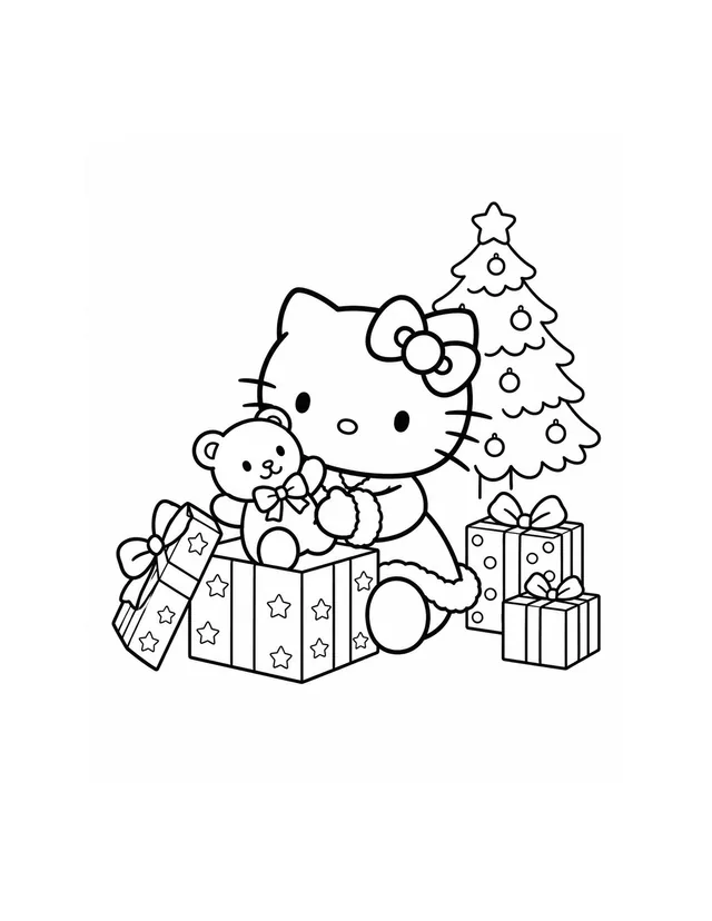 Hello Kitty lifts a teddy bear from an open gift box beside two wrapped presents and a decorated Christmas tree