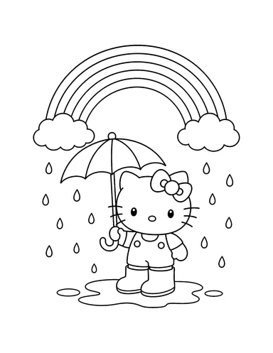 Hello Kitty holding an umbrella in the rain beneath a rainbow coloring page