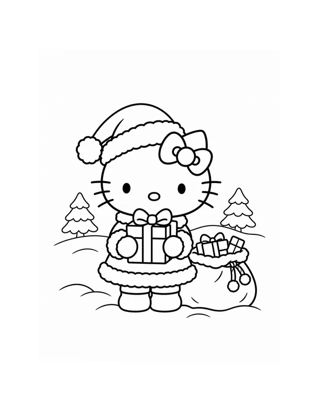 Hello Kitty wears a Santa hat and holds a wrapped gift beside a sack of presents and two snowy evergreen trees