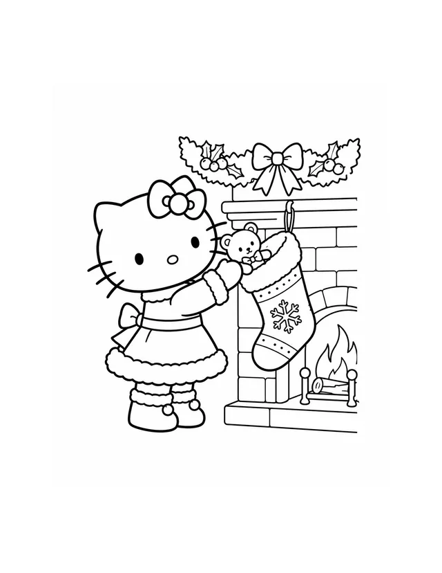 Hello Kitty places a small teddy bear into a Christmas stocking hanging beside a fireplace and a holly garland