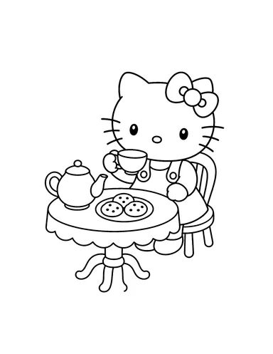 Hello Kitty holding a teacup at a table with a teapot and cookies coloring page