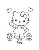 Hello Kitty waving among hearts and flowers coloring page