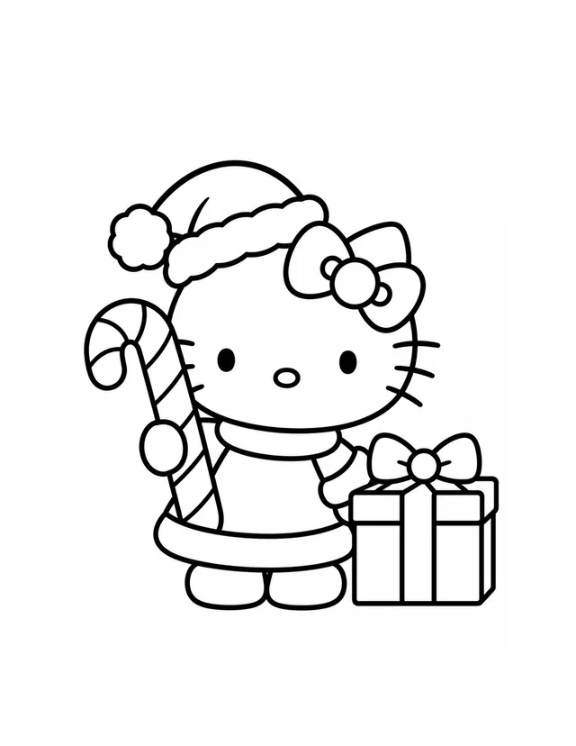 Hello Kitty wears a Santa hat and holds a large striped candy cane beside one wrapped gift