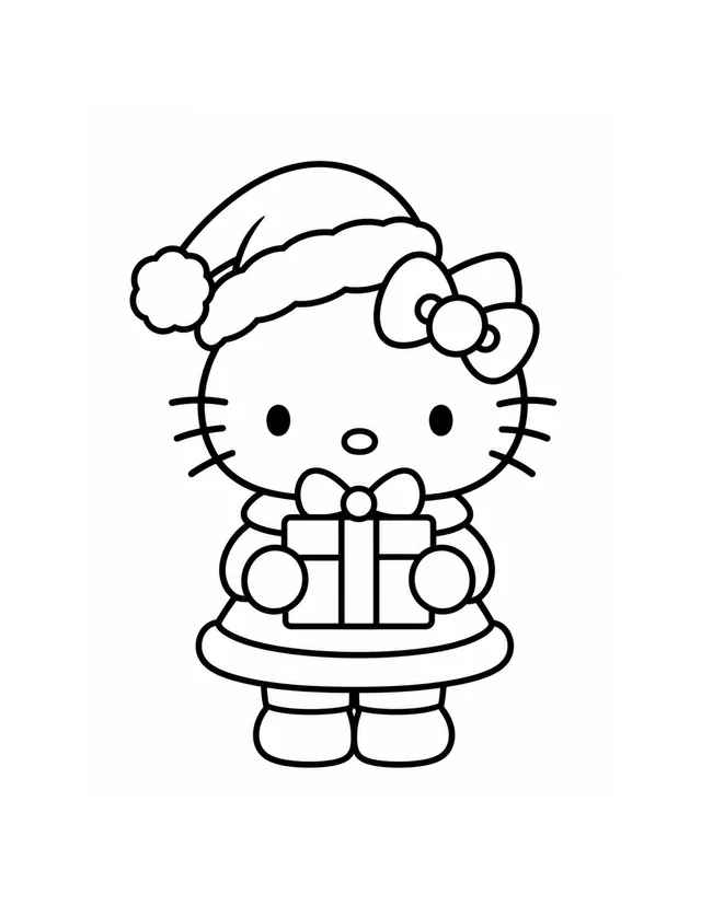 Hello Kitty wears a Santa hat and holds one wrapped Christmas gift