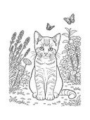 Kitten sitting among garden flowers with two butterflies coloring page