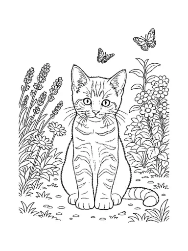 Kitten sitting among garden flowers with two butterflies coloring page
