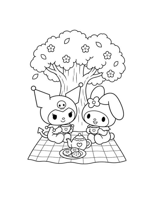 Kuromi and My Melody share a picnic beneath a tree, with two cups, a teapot and a plate of cookies on their blanket