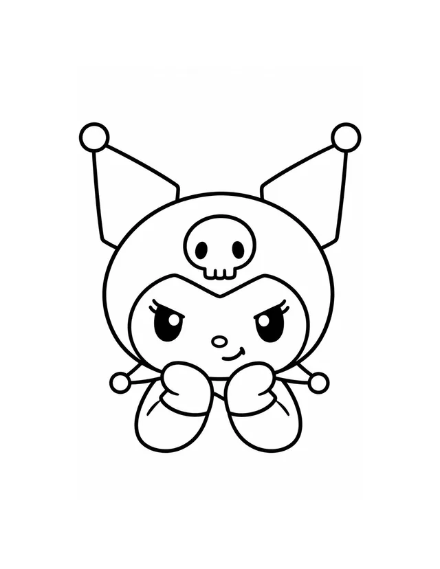 Kuromi rests her hands beneath her face in a large portrait showing her pointed hood and skull emblem
