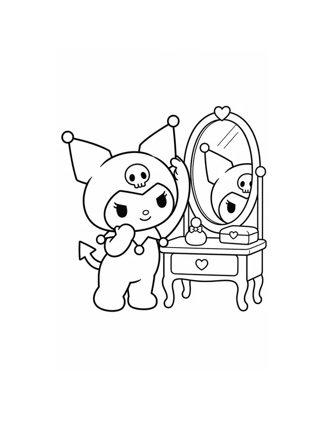 Kuromi adjusts her pointed hood beside a dressing-table mirror, with a small bottle and a heart-decorated box on the table