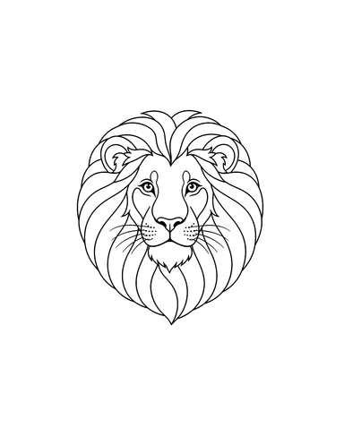 Front-facing lion portrait with a large layered mane coloring page