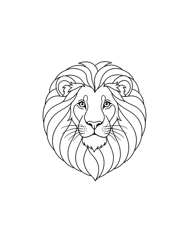 Front-facing lion portrait with a large layered mane coloring page
