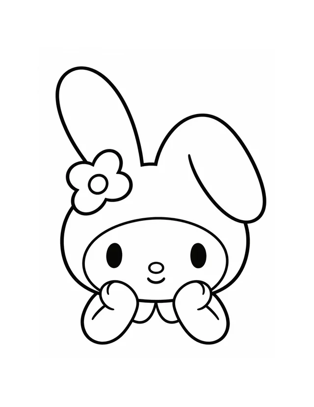 My Melody rests both hands beside her cheeks in a large portrait showing her long rabbit ears and flower-decorated hood