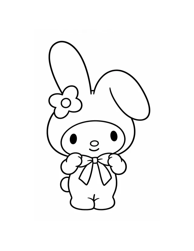 My Melody stands holding the wide bow ties beneath her chin, with one long rabbit ear upright and the other folded down