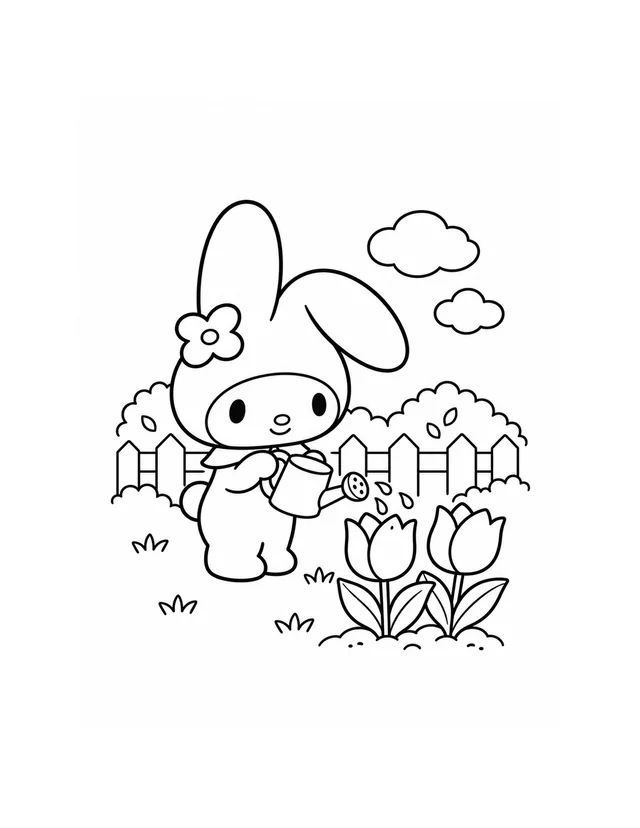 My Melody waters two large tulips with a watering can beside a garden fence, with two clouds overhead
