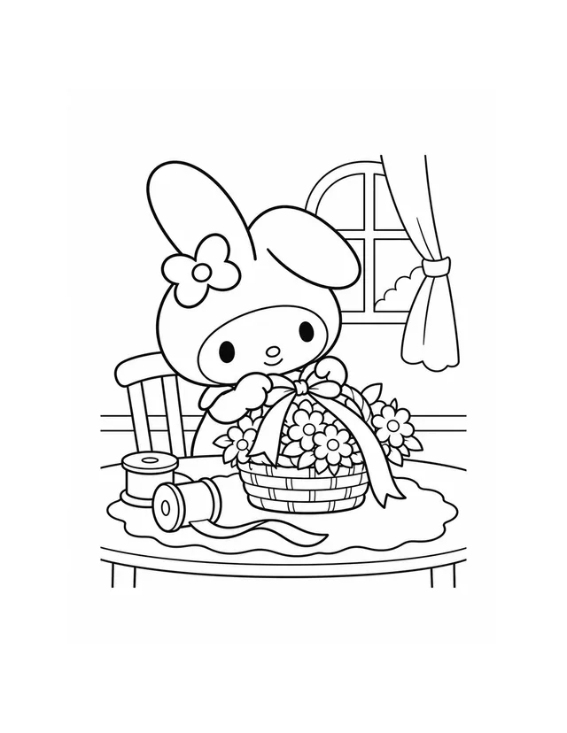 My Melody sits at a craft table tying a large bow on a flower-filled basket, with two ribbon spools and a curtained window nearby