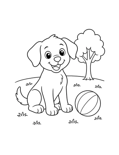 Puppy sitting beside a ball and a tree coloring page