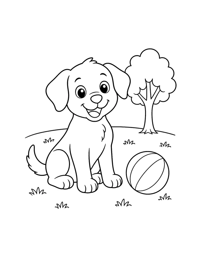 Puppy sitting beside a ball and a tree coloring page