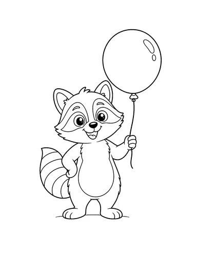 Raccoon standing and holding a balloon coloring page