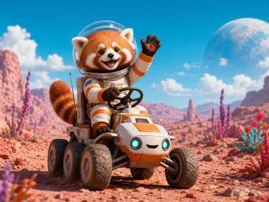 Red panda astronaut waving while driving a rover across a colorful alien landscape