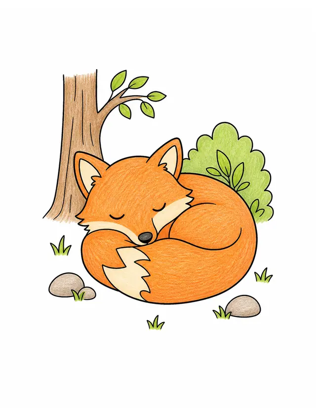 Colored preview of sleeping fox curled up in the forest