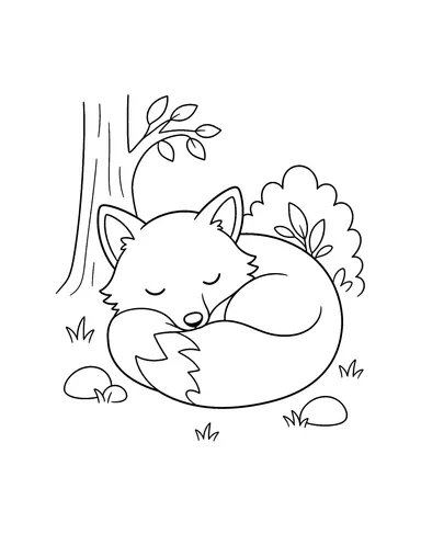 Fox curled up asleep beside a tree in the forest coloring page