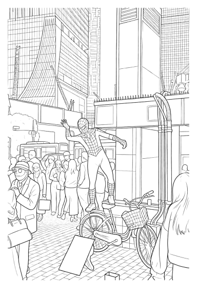 Detailed line art generated from the Spider-Man cosplay action photo