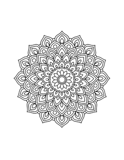 Intricate black-and-white floral mandala with symmetrical layered petals